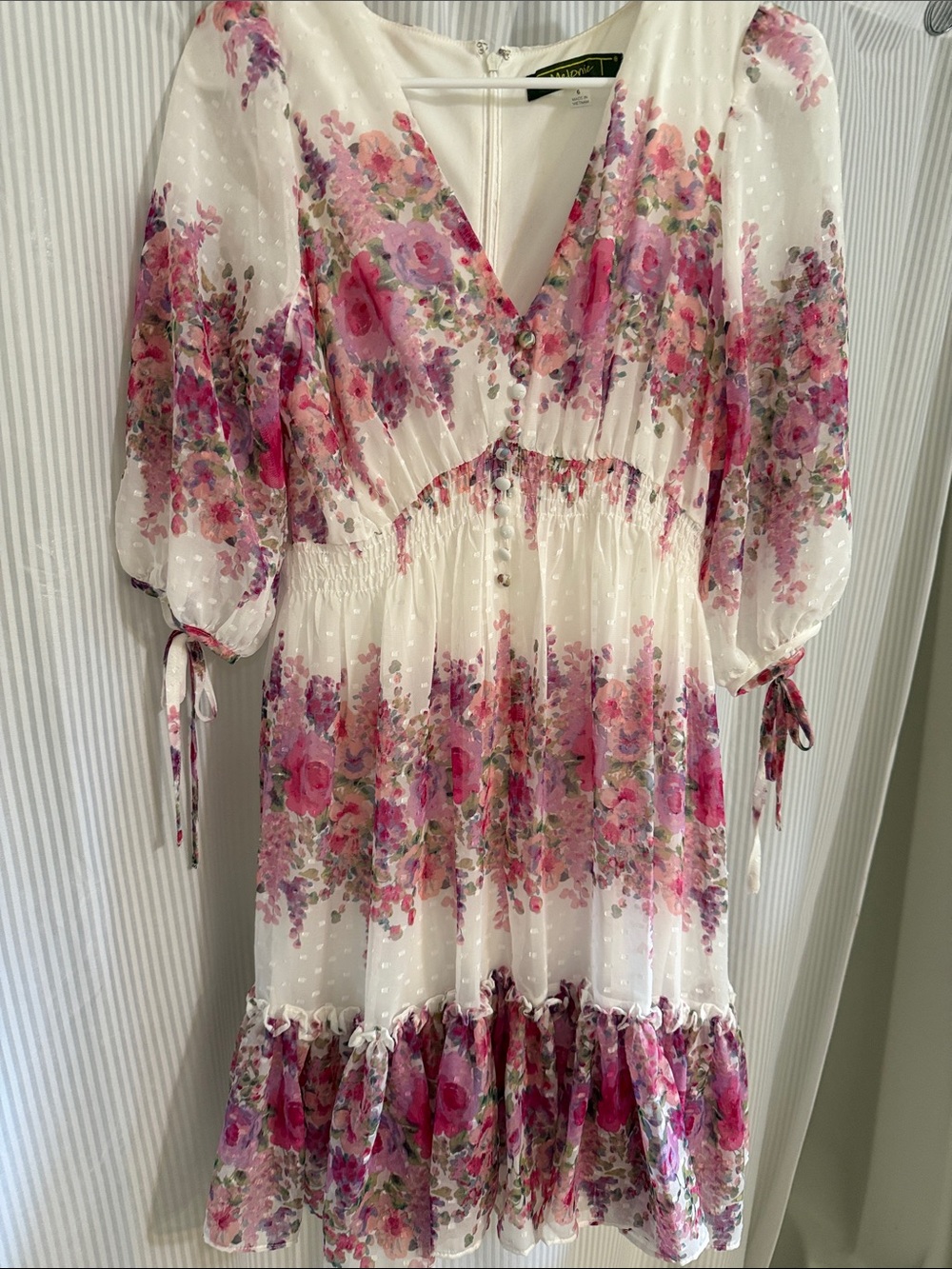 Floral Pink and White Tiered V-Neck Dress